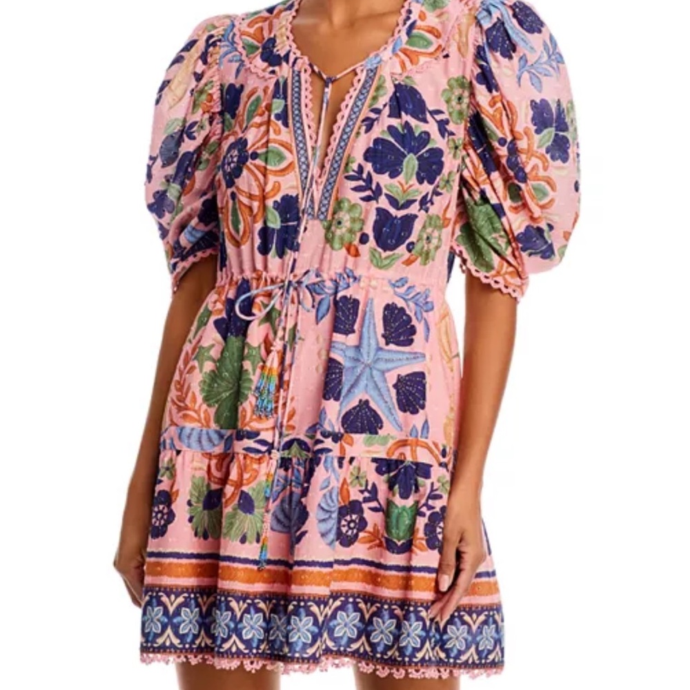 Farm Rio Seashell Tapestry Puff-Sleeve Minidress